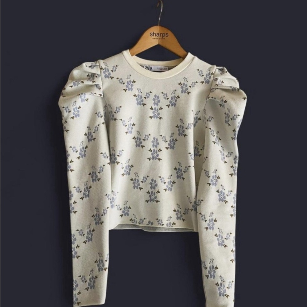 Zara Cream and Blue Long SleeveTop Blouse Size Small